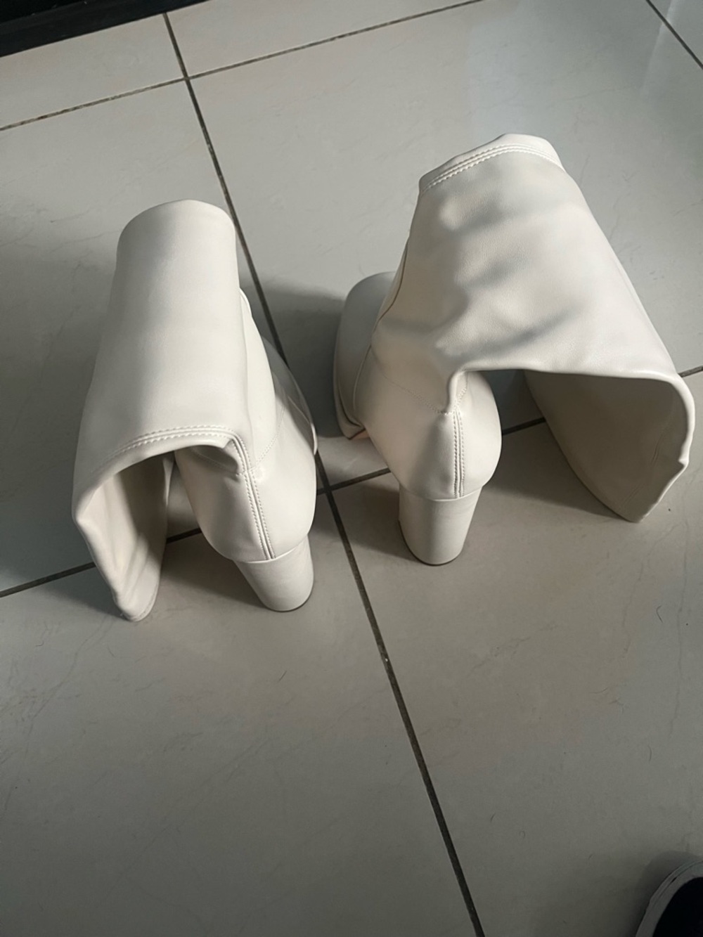 Women's White Fold-Over Mid Heel Boots - Contemporary Slip-On Style